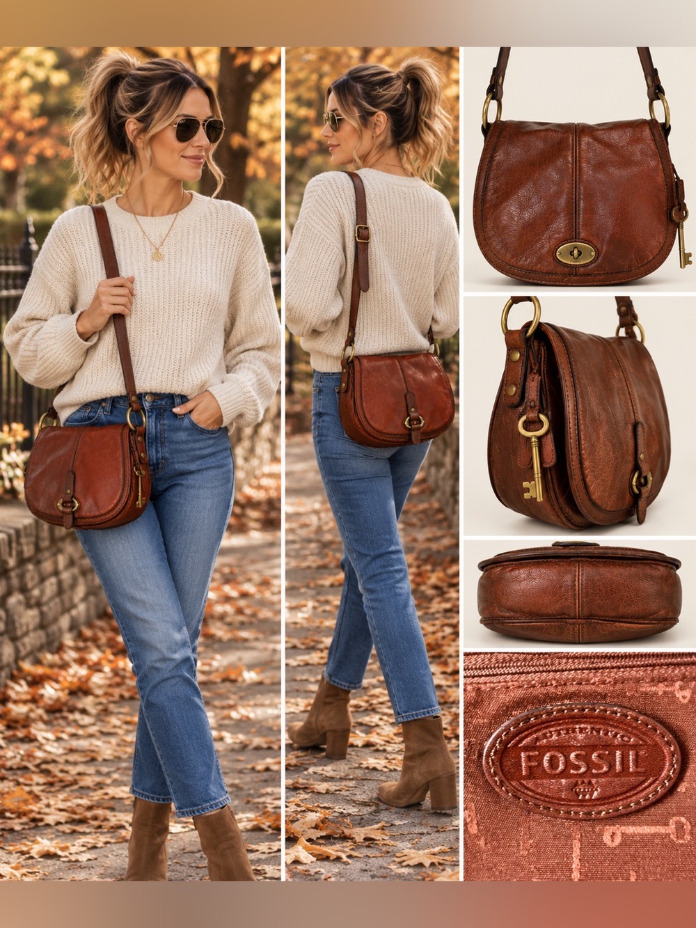 Fossil Vintage Reissue VRI Cognac / red-brown Leather Saddle Crossbody Key Charm